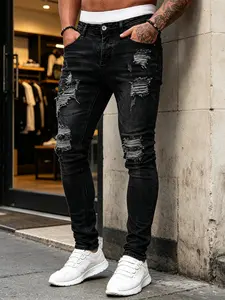 SRETOUU Men's Heavyweight Distressed Black Wash Stretch Skinny Jeans with Ripped Holes & Raw Frayed Edges for Bold Streetwear Look - Fabric, Menswear