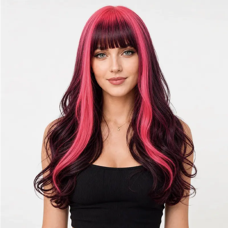 ZIHAN 22-Inch Red & Black Realistic Vampire Synthetic Costume Wig with Bangs - Heat Fiber Hair, Glueless Rose Net Cap, Curly Waves, Short Cut Compatible, Dark Tones, Themed Events, Daily Wear, Realistic Vampire Synthetic Costume Wigs