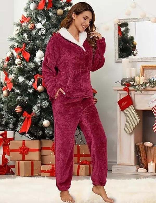 Women's 2-Piece Fuzzy Sherpa Loungewear Set - V-Collar Long-Sleeve Pullover Top with Pocket, Elastic-Waist Jogger Pants, Comfy Fits, Relaxed Fit, Cozy Homewear, Double-Flannel Warm Winter Sleepwear, Do Not Bleach