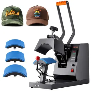 VEVOR 4-in-1 Clamshell Hat Heat Press Machine with LCD Screen, 6x3in Sublimation Transfer, Long Arm, Digital Timer Temperature Control, 4 Curved Aluminum Heating Elements (6x3/6.7x2.7/6.7x2.7/8.1x3.5), Aluminum Plate