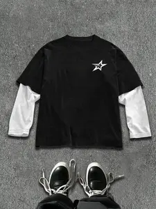 Y2K Grunge Oversized Casual 2-in-1 Fake Two-Piece Long Sleeve T-Shirt with Distressed Star Graphic, Streetwear Aesthetic Unisex Top for Men & Women, Perfect for Skateboarding & Concert Outfits