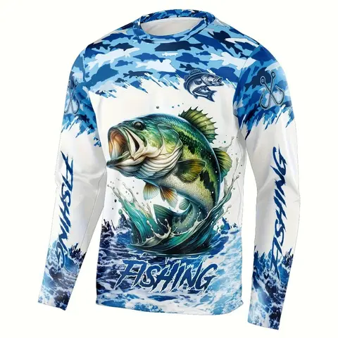 Men's Long Sleeve Fishing Shirt, Active Top, Blue Ocean Print, Comfortable and Breathable, Premium Outdoor Apparel, Outdoor Fishing Wear, Ideal for Fishing, Hiking, Cycling, Outdoor Activities