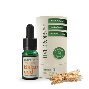 LIVEDROPS 24/7 Balanced Vetiver Essential Oil - Anchoring Scent of Vetiver - Crafted in France - Pure & Natural - Aromatherapy - Dilute in Carrier Oil for The Skin or use in a Diffuser