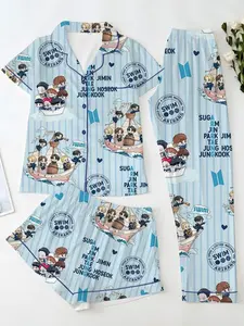 BT21 Inspired Cartoon Pajama Set for Women, Cute Kpop Character PJs, Colorful Anime Lounge Set, Button Down Sleepwear Gift #pajamas #BT21 #Kpop #BTSpjms