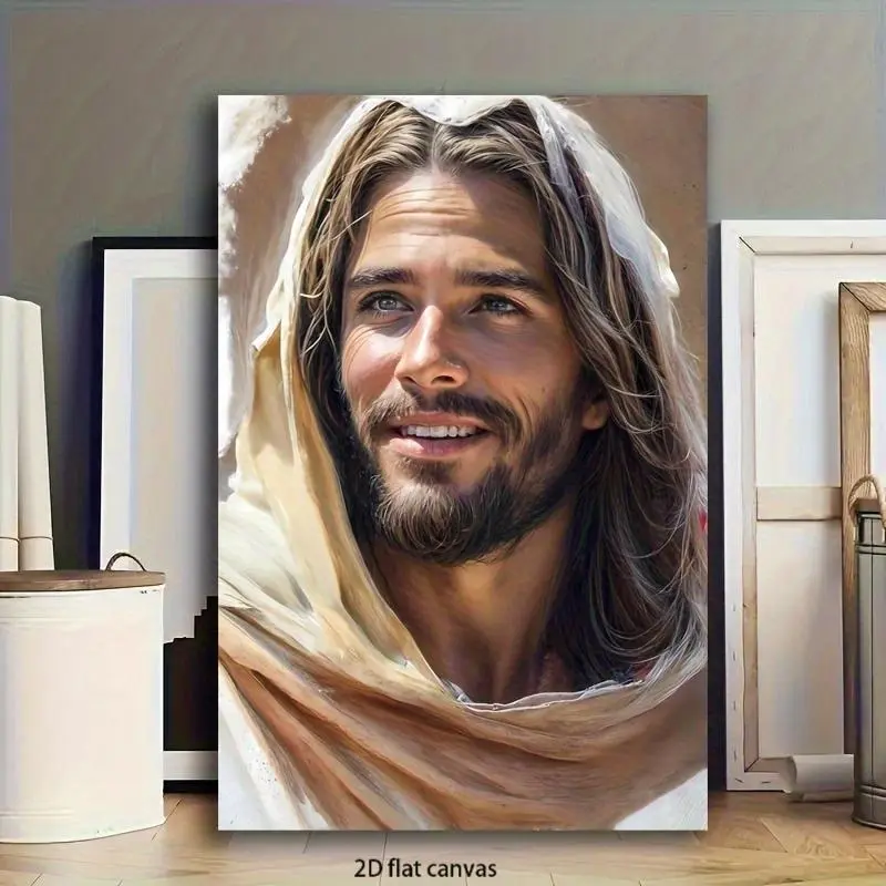 1 Piece Soft-Tone Smiling Jesus Framed Print - Religious Christian Wall Decor, Durable Wrapped Canvas Frame, Hangable Ready-to-Hang Inspirational Home Decor Gift for Living Room, Bedroom