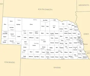 Map of Nebraska NE - County Map with selected Cities and Towns - Peel and Stick Wall Decal