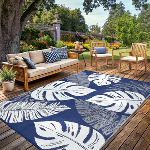 Waterproof Outdoor Rug – Reversible Plastic Straw Patio Mat with Tropical Leaf Design for RV & Patio