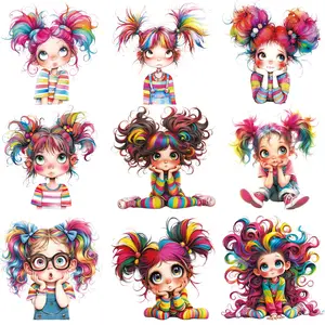 9pcs Colorful Girl-Themed Heat Transfer Stickers, DIY Clothing Transfers for T-Shirts, Canvas Bags, Pillows, Easy Iron-On Application, Crafts