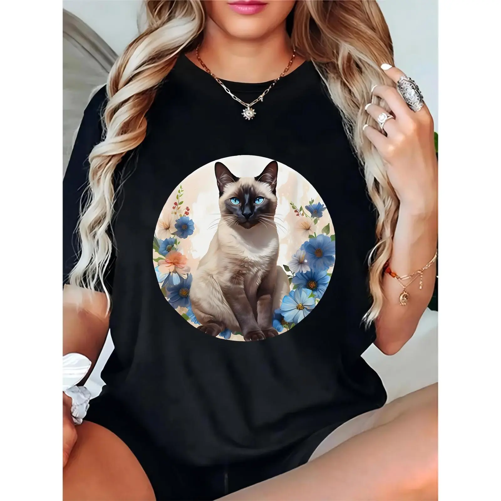 Women's 100% Cotton T-shirt with Siamese Cat Floral Graphic, Casual Short Sleeve Comfortable Lightweight Round Neck Top, Breathable, Fit, Skirts, Lady, Tshirt, Pure Cotton