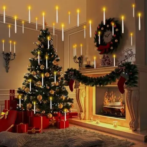 Eco-Friendly Flameless Floating LED Candle Lights Set with 13 Hooks, Rustic Magic Wand Remote, Battery-Powered Hanging Ornaments for Christmas Tree, Home Decor Items, LED Mood Light Decoration