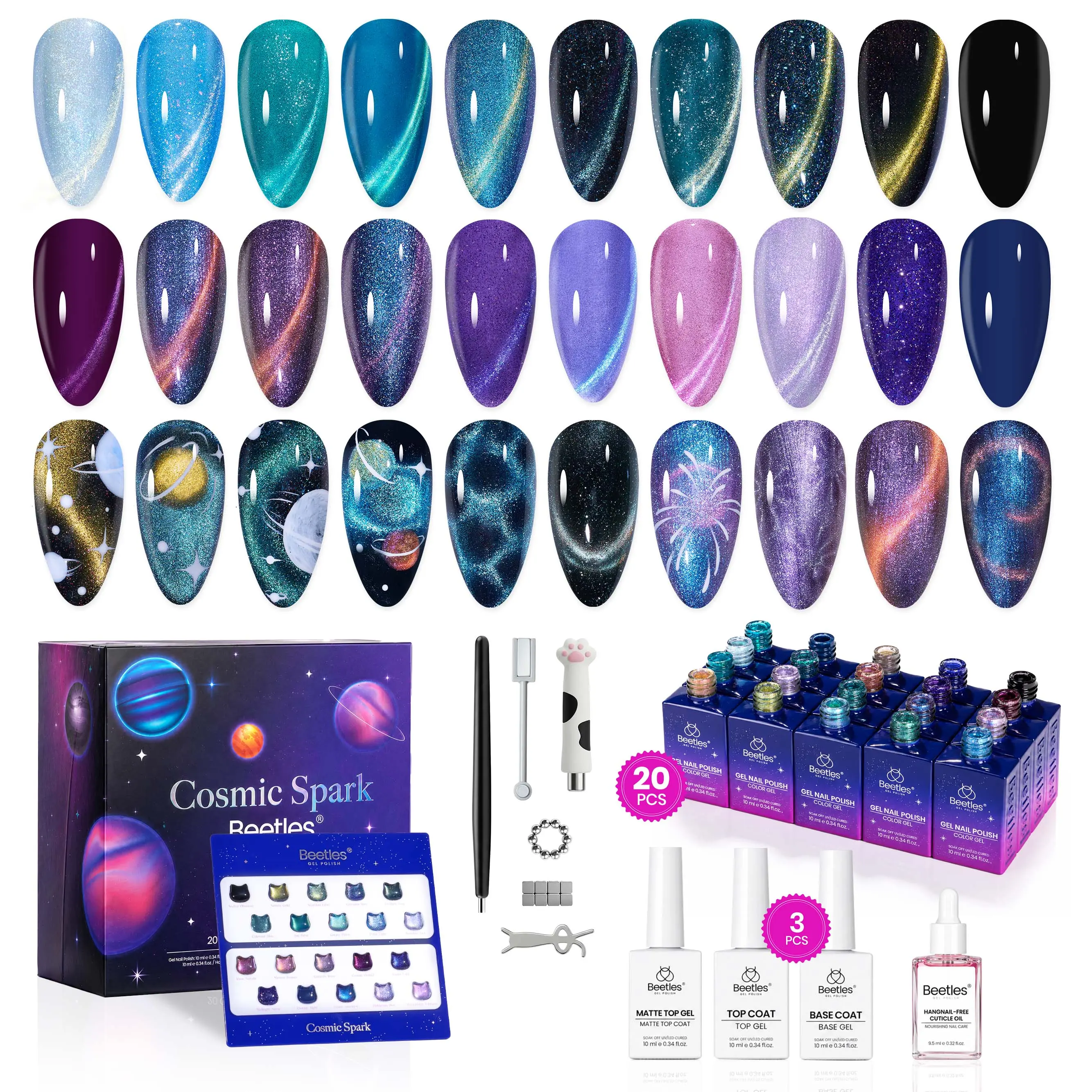 [Exclusive to TTS] Beetles Cosmic Spark Cat Eye Gel Nail Polish Set, 20 Colors 10ml Magnetic Galaxy Glitter Gel Polish Kit, UV LED Soak Off, with Base Coat, Glossy & Matte Top Coat, 6 Magnet Tools, DIY Home Salon Nail Art Kit Gift for Women Girls