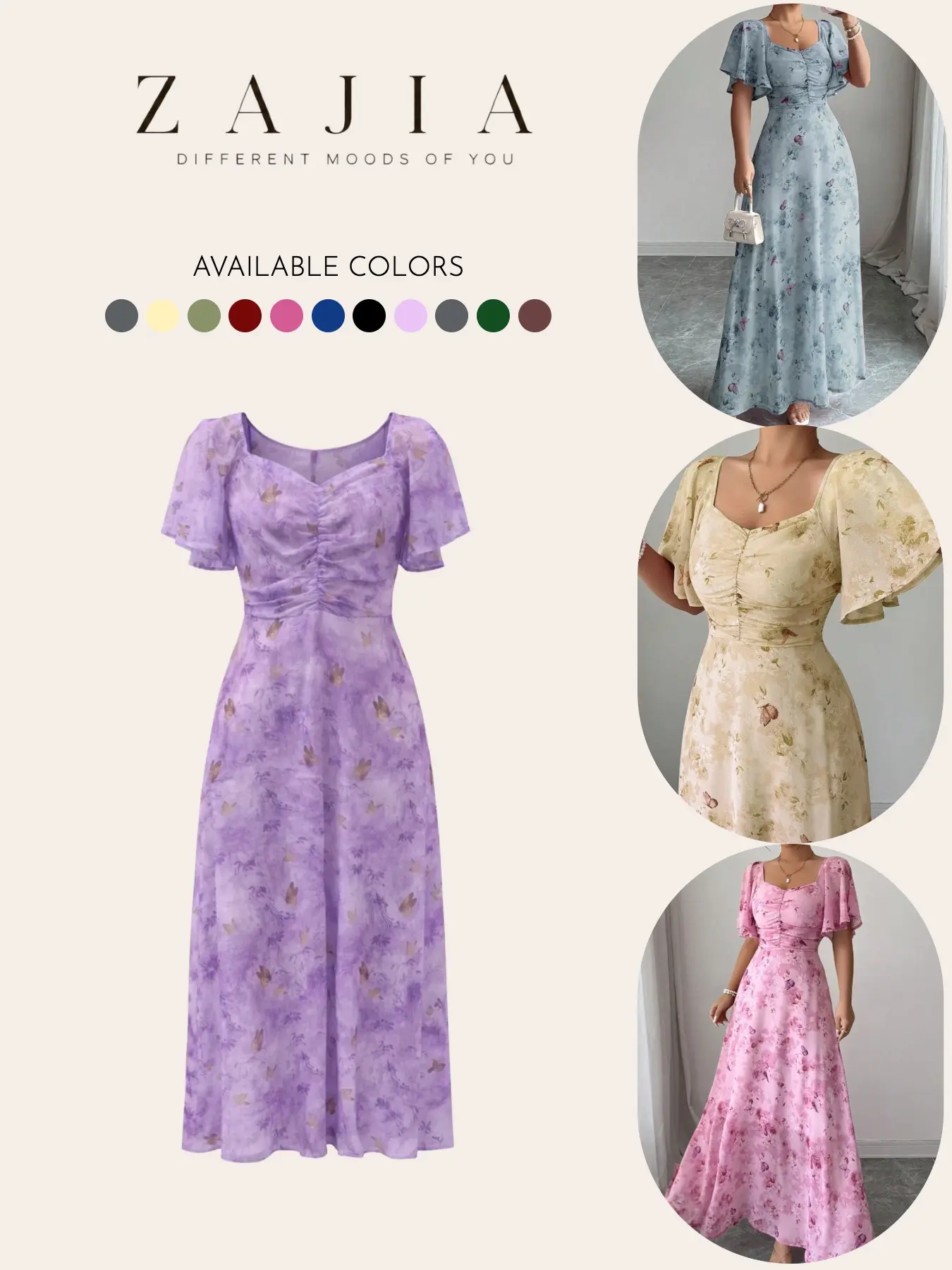 2026 Women's Chiffon Floral Butterfly Print Batwing Sleeve Pleated Sweet French Summer Dress, Boho Chic Casual Summer, Casual All-Over Print, Fitted Style, All Seasons, Lightweight