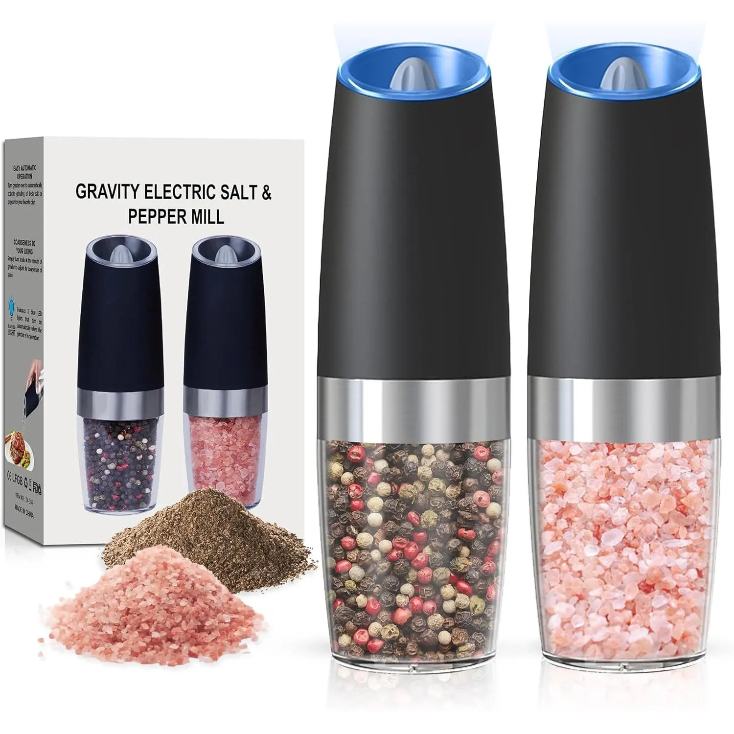 Black 2pcs Battery-Operated Automatic Gravity Electric Salt and Pepper Shakers Set, LED Light, Adjustable Roughness, Lightweight Transparent ABS Seasoning Utensils, Washable, 6 AAA Batteries Each, Portable for Kitchens