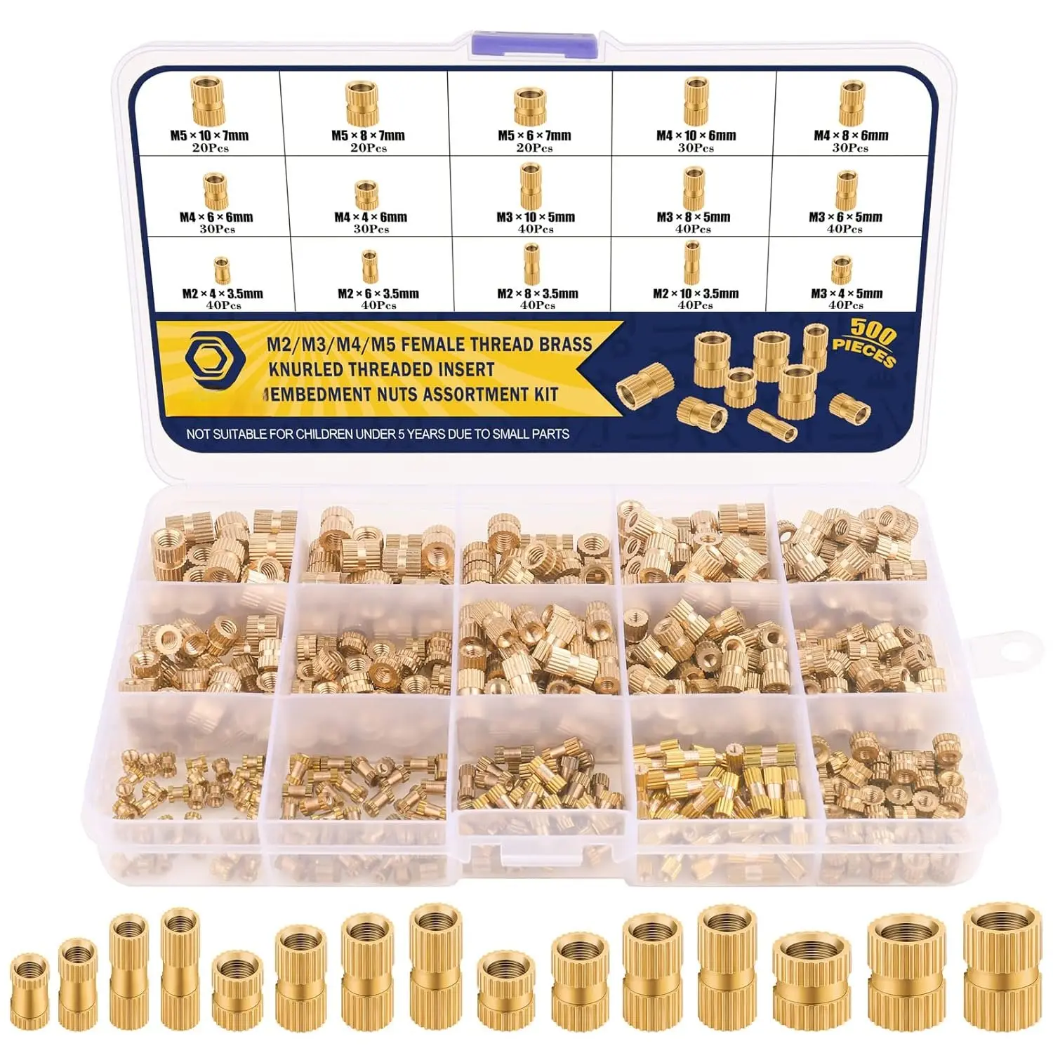 500 count Threaded Inserts Kit M2 M3 M4 M5 - Female Thread Heat Set Insert, Brass Knurled Thread Insert Nuts for Plastic Injection Molding(Metric)