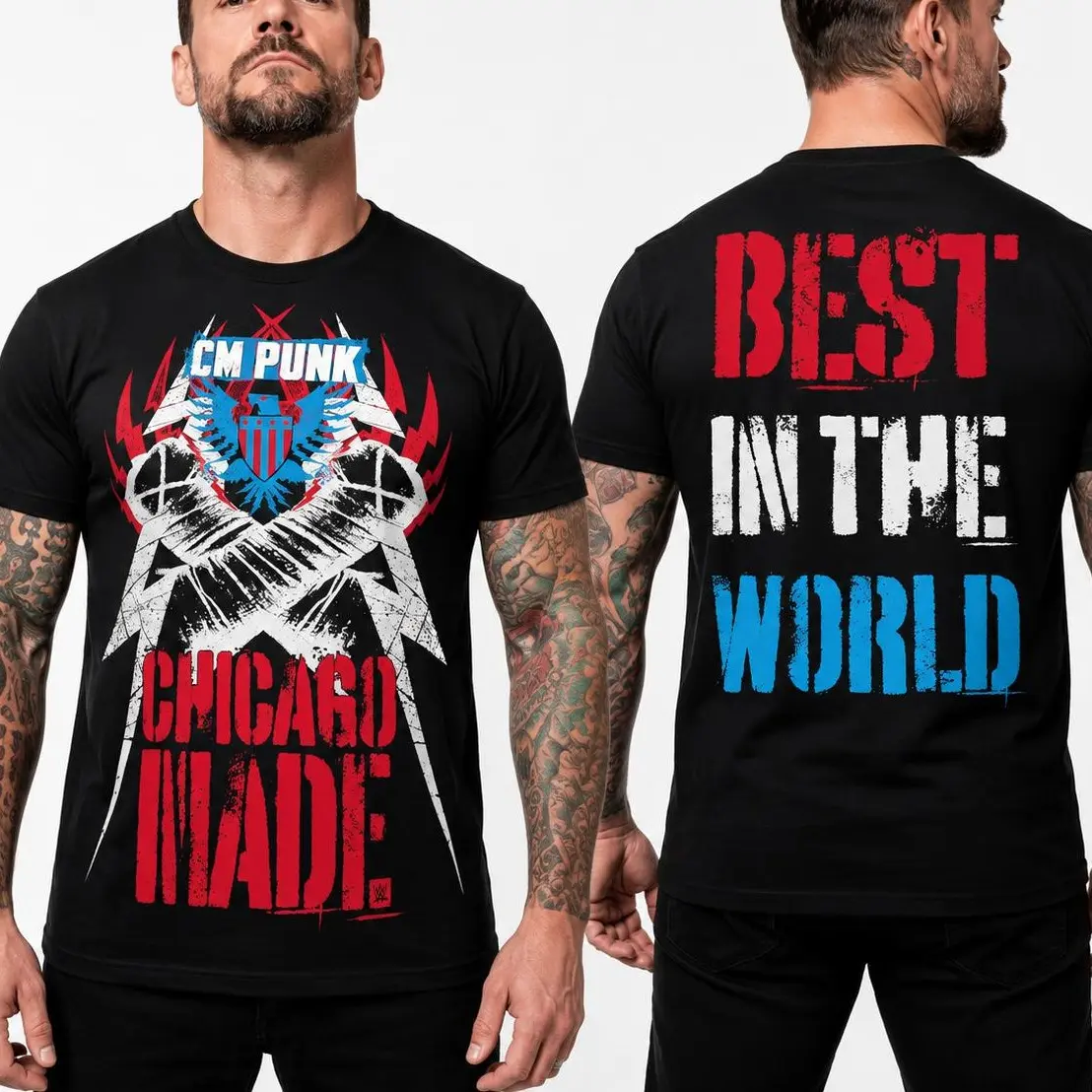 CM Punk Chicago Made Red White and Blue T-Shirt, Men's Black Wrestling Graphic Tee, Patriotic Fan Apparel, Unisex Limited Edition Shirt
