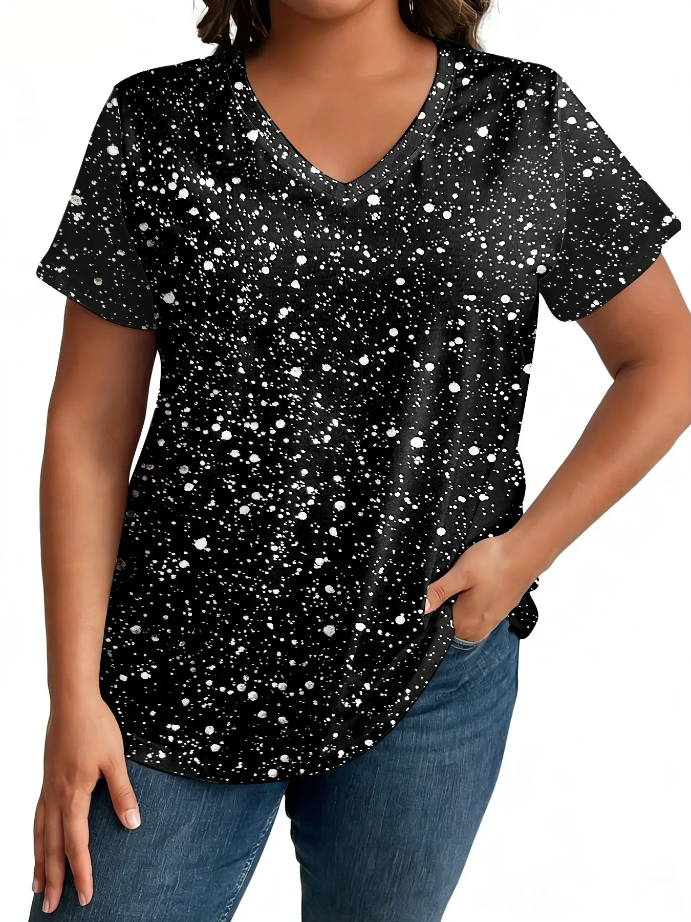 Women's V-Neck Short Sleeve T-Shirt, Sparkly Silver Color Sequins, Casual Elegant Chic Lady Summer Top, Plus Size, Fit Pure Color, Spring & Summer, Casual Stylish Tee, Casual Tees, Womenswear