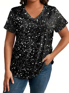 Women's V-Neck Short Sleeve T-Shirt, Sparkly Silver Color Sequins, Casual Elegant Chic Lady Summer Top, Plus Size, Fit Pure Color, Spring & Summer, Womenswear