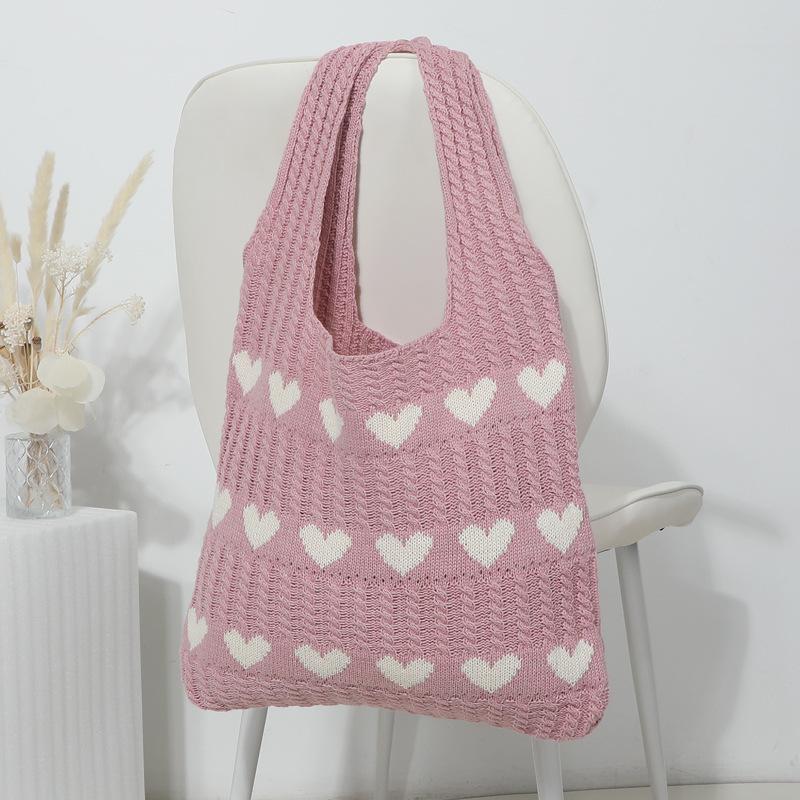 Fashionable Women's Handbags, Love Heart Pattern Crochet Shoulder Bags, Soft Knitted Handbags with Sweet Weaving Details, Daily Casual Accessories, Perfect for Dating, Shopping and Traveling