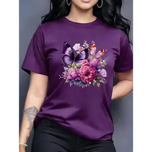 100% Cotton Women's Fashion Casual T-Shirt Purple Floral Colorful Butterfly Pattern Printed T-Shirt, Short Sleeve Casual Round Neck Top, Suitable for Spring and Summer, Casual Daily Style - Elegant Women's Clothing, New T-Shirt, Women's Gift