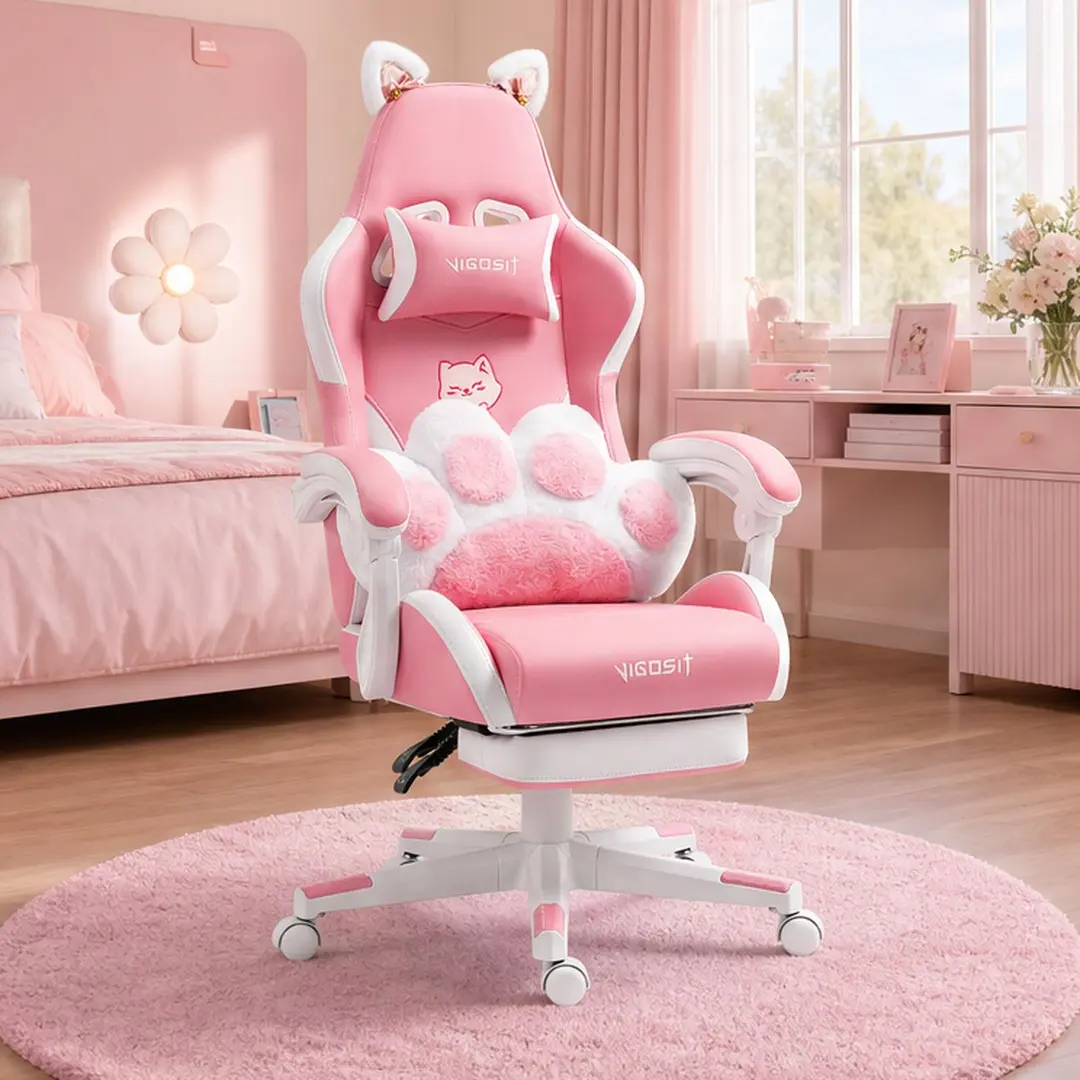 Cat Ears Pink Gaming Chair with Footrest, PU Leather Ergonomic Reclining Office Chair for Women Teens, 310lb Capacity, 6-Position Recline, 360° Swivel, Kawaii Computer Desk Chair for Gaming Room, Pink Color Options, PU Leather Material