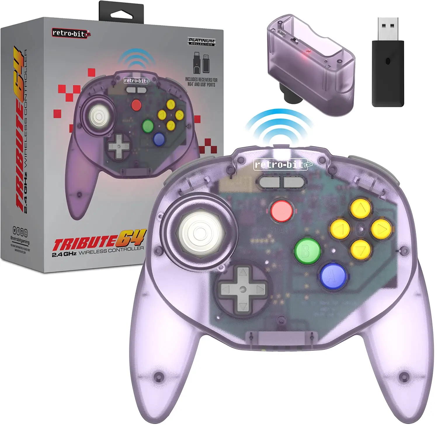 Retro-Bit Tribute 64 Wireless Controller - Atomic Purple, Thumbstick & Handheld Console Controller for Nintendo 64, Switch Online, PC, MacOS, RetroPie, Raspberry Pi & USB Port Devices