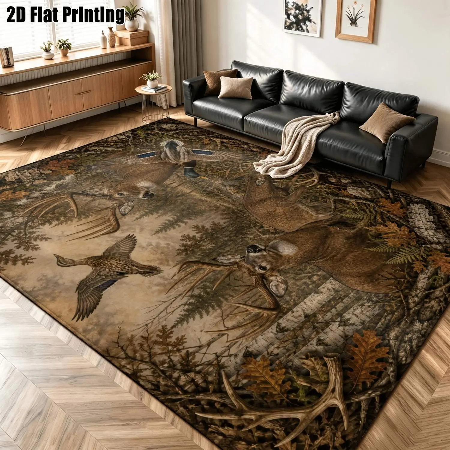Large indoor area rug, soft velvet low pile with non-slip dotted backing, machine washable rustic forest camouflage rug featuring deer and ducks, suitable for living room, bedroom, and cabin home decor