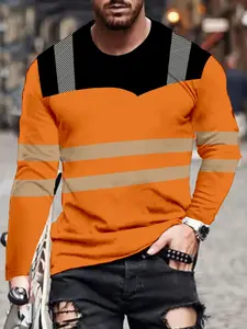 Men's striped color block print crew neck long-sleeved T-shirt, a casual and stylish streetwear piece for spring and autumn, breathable and suitable for outdoor exercise and everyday wear.