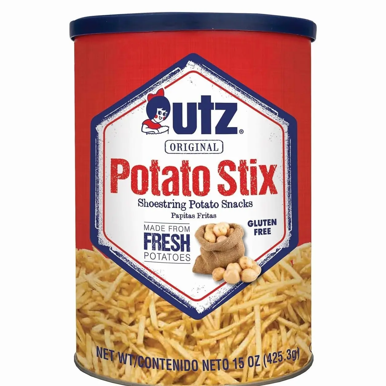 Utz Potato Stix, Original – 15 Oz. Canister – Shoestring Potato Sticks Made from Fresh Potatoes, Crispy, Crunchy Snacks in Resealable Container, Cholesterol Free, Trans-Fat Free, Gluten-Free Snacks