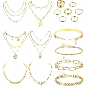 MILACOLATO 17PCS Gold Jewelry Sets for Women Gold Layered Necklaces Chunky Bracelets Knuckle Rings Set Costume Accessories Jewelry Daily