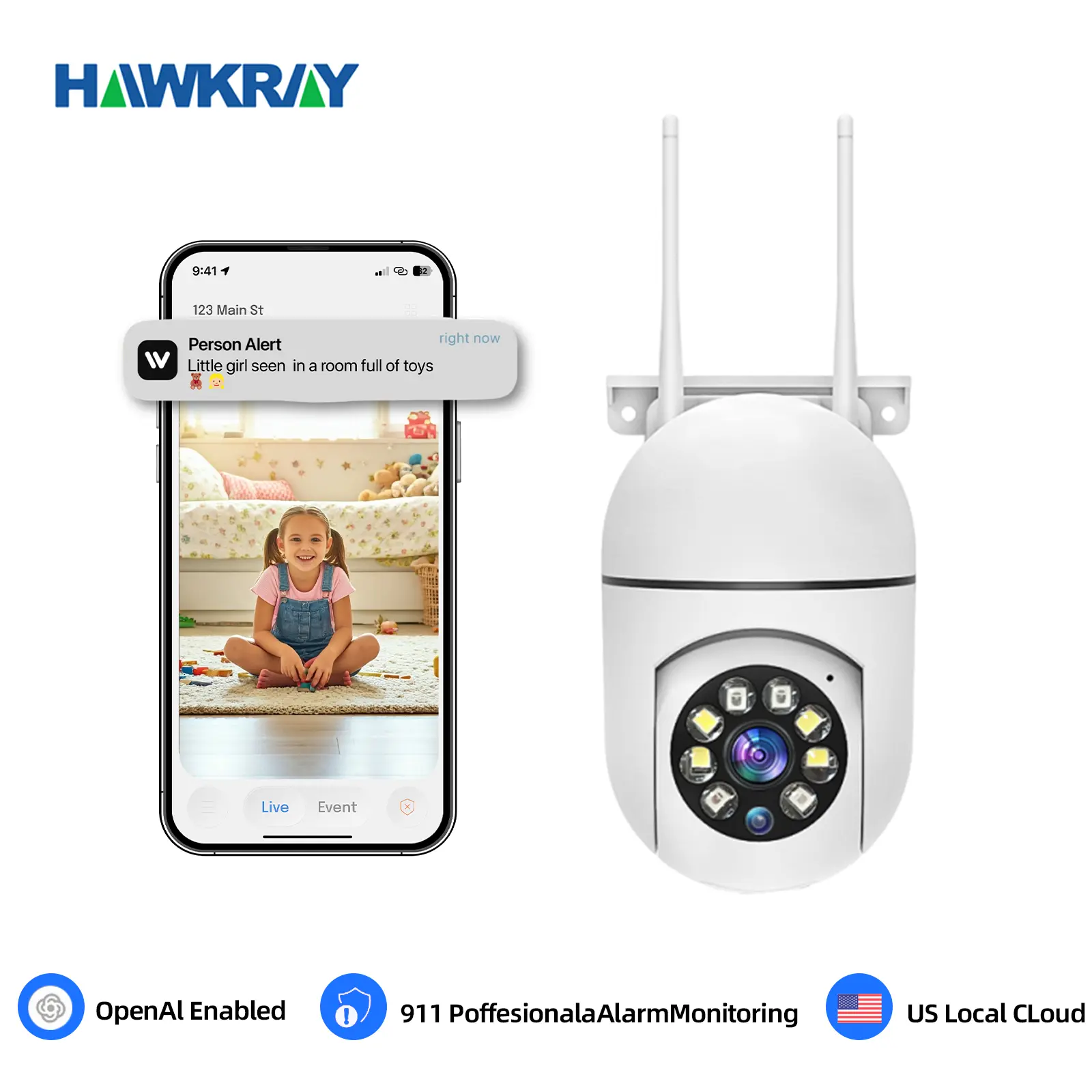 Hawkray 2pc Wireless Security Cameras & Systems - Plug-in Battery Powered Cameras with Wi-Fi, App Control, Safety Cord, Easy Installation, Day-Night Full-Color Viewing, Voice Intercom, Humanoid Tracking, MP4 Support, Motion Sensor, Smart Home Gadgets