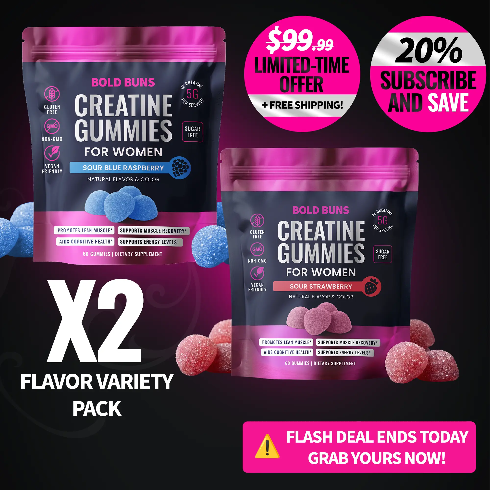 2 Pack (Multi Flavor) - Creatine Monohydrate Gummies for Women Bold Buns – 5g Creatine Per Serving – Sugar Free, Vegan, Non-GMO, Gluten Free – Muscle Support, Workout Recovery & Energy Support