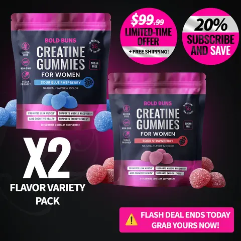 2 Pack (Multi Flavor) - Creatine Monohydrate Gummies for Women Bold Buns – 5g Creatine Per Serving – Sugar Free, Vegan, Non-GMO, Gluten Free – Muscle Support, Workout Recovery & Energy Support