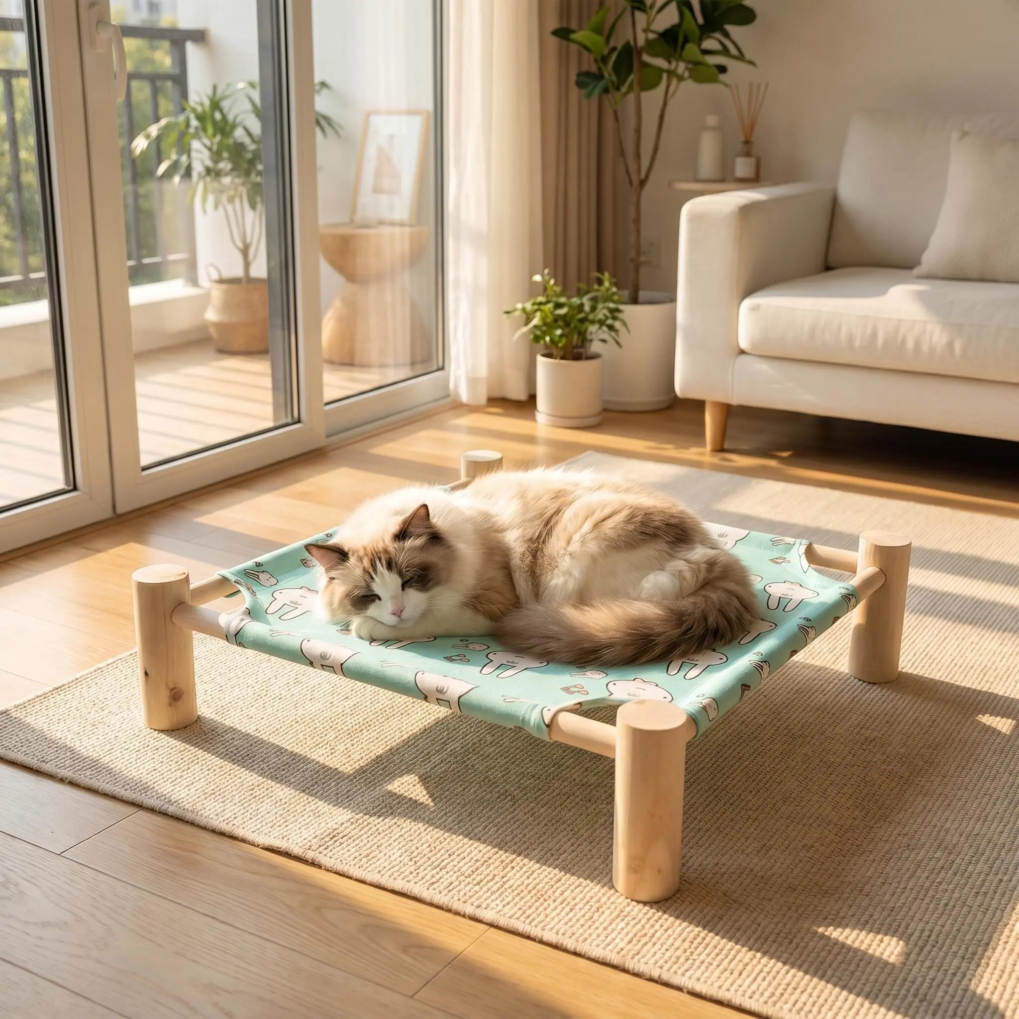 Cartoon Bunny Print Elevated Pet Hammock Bed - Solid Wooden Frame, Cool Breathable Fabric, 49Cm × 53Cm × 13Cm Portable Cot for Cats & Small Dogs Up to 15kg, Indoor/Outdoor Use