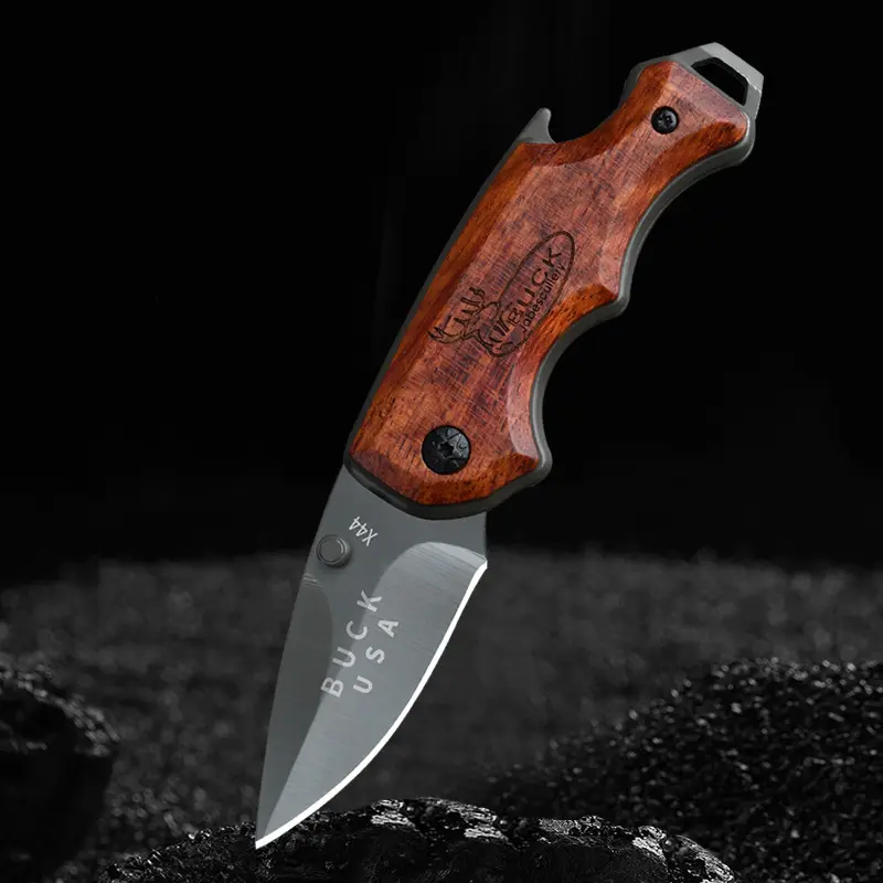X44 Mini Outdoor Pocket Knife with Wooden Handle, Camping Survival Folding Knife, Self-Defense Folding Fruit Knife, Bottle Opener, Tail Hammer