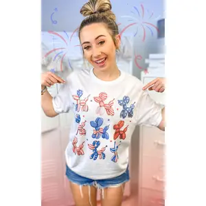 Tees2urdoor Women's Americana Balloon Dogs Graphic Crew Neck T-Shirt - Women's Clothes, Cotton Short-Sleeve Unisex Streetwear Top, Blue Flag & Stripes Design, Basic Fit for Casual Summer, Party Wear
