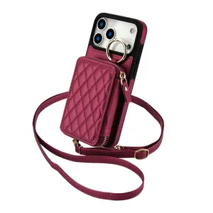 Women's Quilted Leather Smartphone Wallet Case with Diamond-Space Design - RFID Blocking Zipper, Ring Kickstand, Detachable Adjustable Crossbody Lanyard & Wrist Strap, Anti-Scratch Shockproof Safety Accessory for iPhone 17/16/15/14 Plus Pro Max