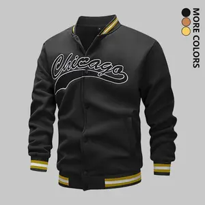 Men's new autumn and winter Chicago letter embroidery outdoor sports casual baseball jacket with yellow accent men's top long sleeved black striped suit windproof jacket windbreaker