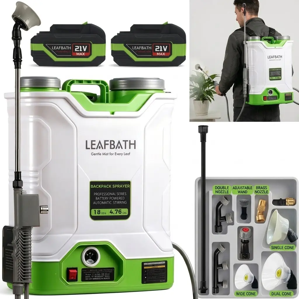 LEAFBATH Battery-Powered Backpack Sprayer, 4.76 Gal (18L) 120 PSI Electric Garden Sprayer with 2x21V 4.0Ah Batteries, Auto Mixing, Spray Wand, 8 Anti-Clogging Interchangeable Nozzles for Lawn Care, Adjustable Pressure sohochic