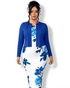 Women's Casual 2-Piece Blue Floral Bodycon Dress Set - Sleeveless Midi Dress with Long Sleeve Cropped Cardigan, Plus Size Outfit for Weekend Brunch & Date Nights