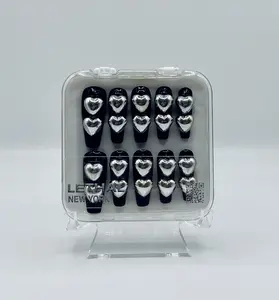 Lethal New York: Chrome Heart Press-on Nail set | Handmade & Reusable | Edgy Y2K Design | Heart Nails | Black Press-On Nails
