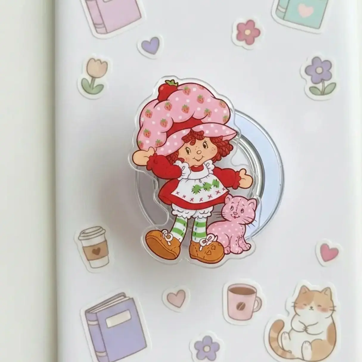 Vintage Strawberry Girl Phone Grip, Sweet Berry Aesthetic Phone Holder, Y2K Nostalgia Accessory, Kawaii Pink Girl Phone Stand, Cute Fruit Theme Gift for Her, Retro Cartoon Topper