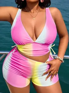 Plus Size 2pcs/Set Colorful Ombre Print High Waist Slimming Bikini Set Casual Holiday Style Summer Beach Vacation Full Cup Wireless Bra