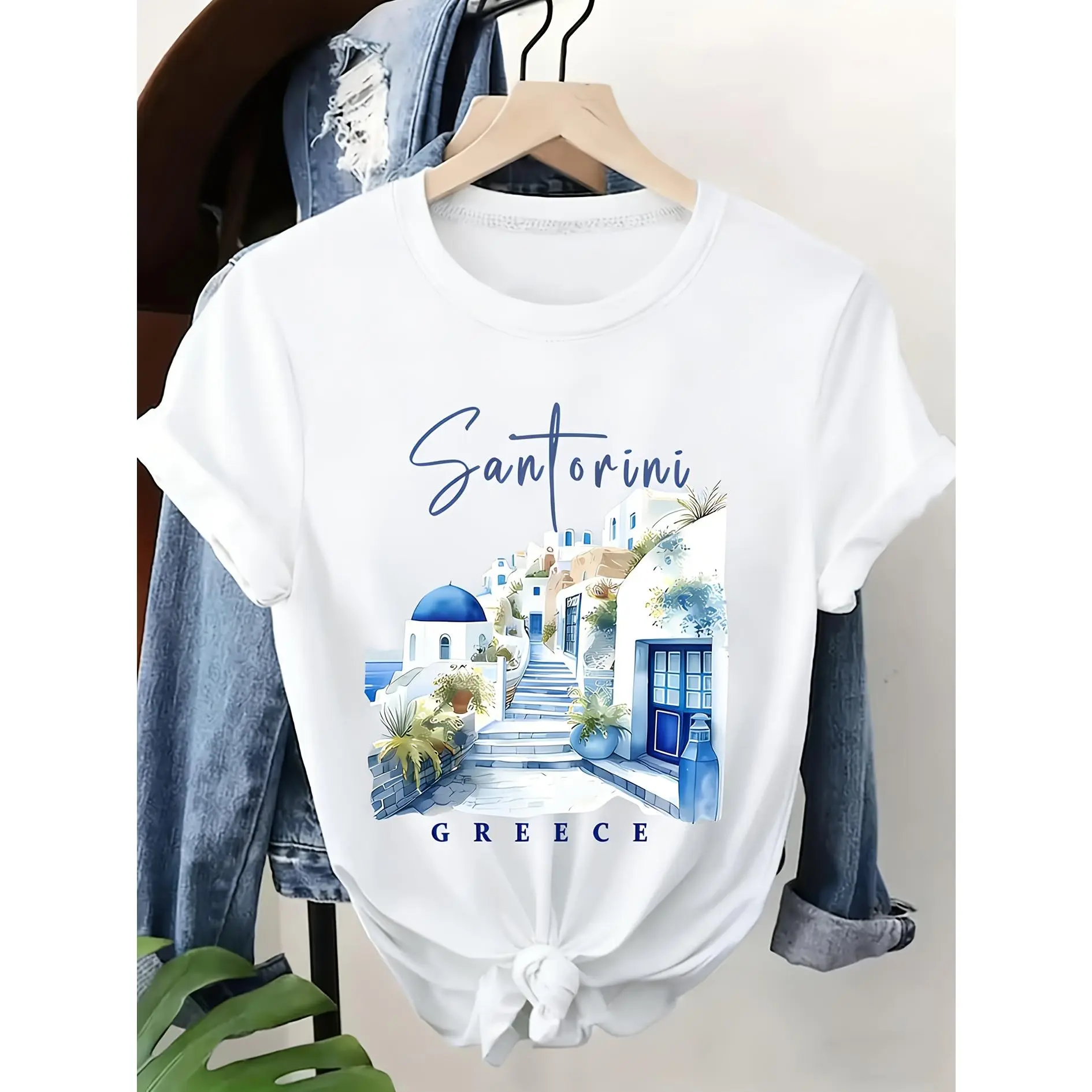 Women's Santorini Greece Graphic Print T-Shirt - Short Sleeve Round Neck Casual Top with Blue Dome & Lush Greenery Design, Lightweight Spring Summer Travel Souvenir, Machine Washable, Spring Casual Wear |   Vibrant Graphic Tee