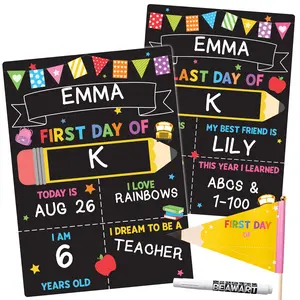 BEAWART First Day of School Black Sign Board, 10x14 Double-Sided First & Last Day Chalkboard Sign, Reusable Back to School Photo Prop For Preschool Kindergarten Kids, Includes Pencil Flag & White Chalk Marker