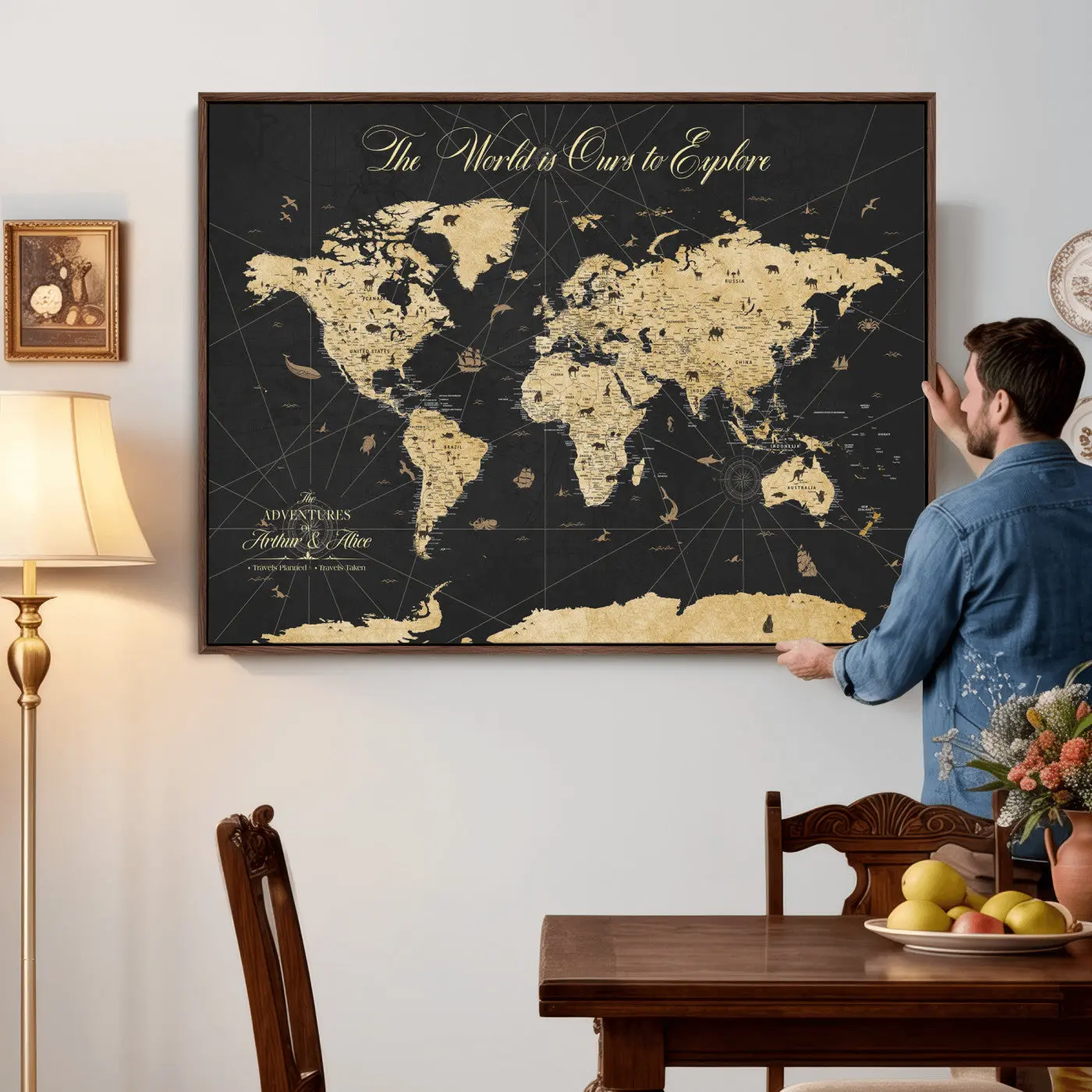 Custom Push Pin World Map Wall Art Canvas Print – Personalized Travel Tracker with Pins Framed Large for Home and Office Decor