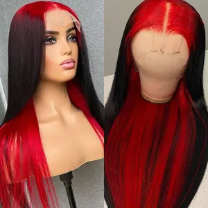 OQ HAIR Top Red and Black Straight Hair Pre Colored Wigs 13x4 Lace Frontal Human Hair Wigs Pre Plucked Natural Hairline Vacation Hair Wigs Outdoorfun