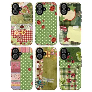 Whimsical Ladybug Patchwork Phone Case Vintage Garden Aesthetic – Cute Polka Dot Floral Collage Design, Green Cottagecore Style, Kawaii Ladybird Art Case for 7, 8, X, XS, 11, 12, 13, 14, 15, 16, 17 – Cute Case Gift for Her & Him