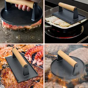 Cast Iron Meat Press Board, Grill Steak BBQ Plate, Rectangular Round Striped Pattern, No Coating, Elm Wood Handle, Barbecue Utensils, Kitchen Use