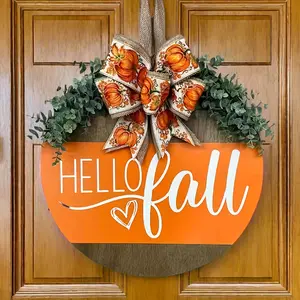 1pc Thanksgiving Front Door Wreath & "Hello Fall" Sign - Rustic Wood & Plastic Autumn Decor with Pumpkins, Leaves, Burlap Bow - No Electricity Door Hanging for Porch, Seasonal Home Decor, Fall Decorations for Home, Glamorous Style, Durable