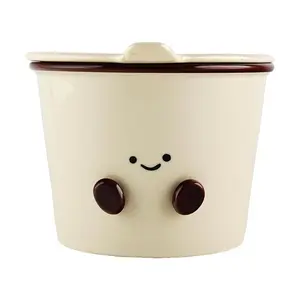 KAWASIMAYA Cute Cocoa Bean Ceramic Noodle Bowl with Lid, Large Capacity Instant Ramen Bowl, Microwave Safe